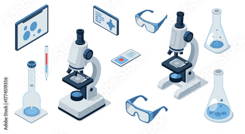 Isometric laboratory equipment with microscope, flasks, and glasses for scien…