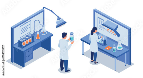 Isometric laboratory research scene with scientists and equipment in modern s…