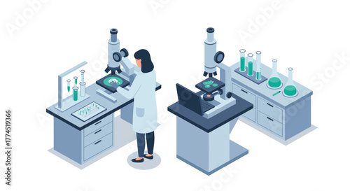 Scientific research lab with microscope and scientist in isometric style