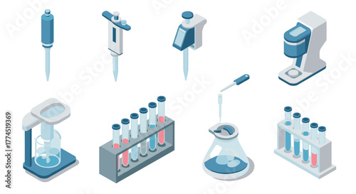 Isometric laboratory equipment: pipettes, test tubes, and chemistry tools