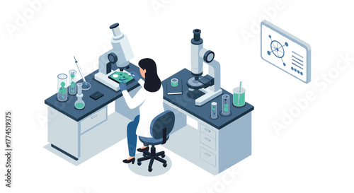 Scientist in laboratory with microscopes and lab equipment in isometric style