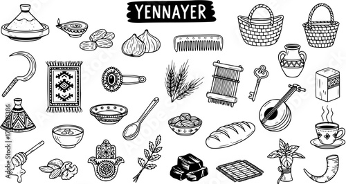 Yennayer Amazigh New Year traditional cultural items, hand-drawn sketch collection of Berber symbols, food, and craft elements.
