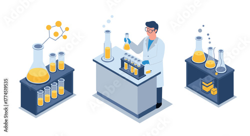 Isometric laboratory scene with scientist and chemical equipment