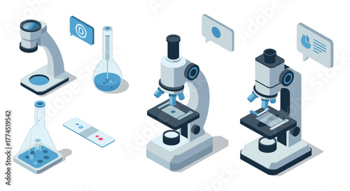 Isometric microscopes with lab equipment for scientific research and education