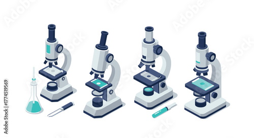 Laboratory microscope equipment in isometric design for scientific research