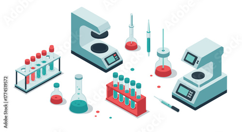 Isometric laboratory equipment set: modern microscopes and test tubes
