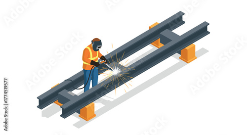Isometric welding scene featuring safety equipment and industrial metalwork