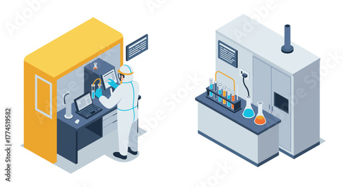 Isometric laboratory design with scientist in safety gear conducting experiments