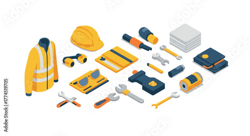 Isometric safety gear and tools set for construction and maintenance projects