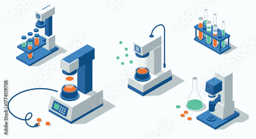 Isometric laboratory equipment collection with test tubes and beakers in blue…