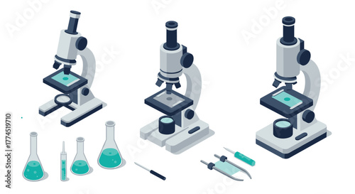Isometric microscopes and lab equipment set for scientific research and educa…
