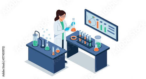 Isometric science lab with scientist conducting experiments in a modern labor…