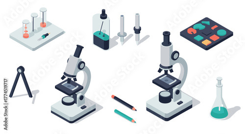 Isometric scientific equipment with microscopes and lab tools