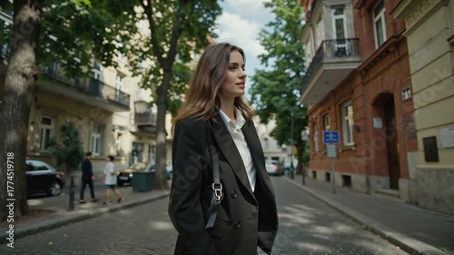 Woman Walking Confidently in a City Street With Stylish Buildings and Trees Surrounding Her
