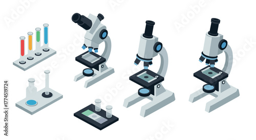 Isometric science lab equipment with microscopes and test tubes on white back…