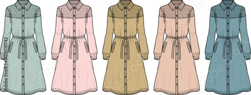 Set of women's shirtdress technical fashion flat sketches. Long sleeve button-down midi dress with belt and pockets in various colorways
