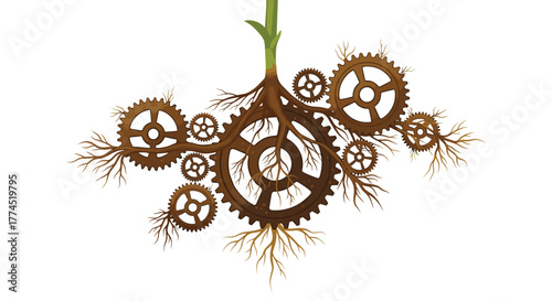 Mechanical Roots and Growing Plant Symbolizing Industrial Growth, Generative AI.
