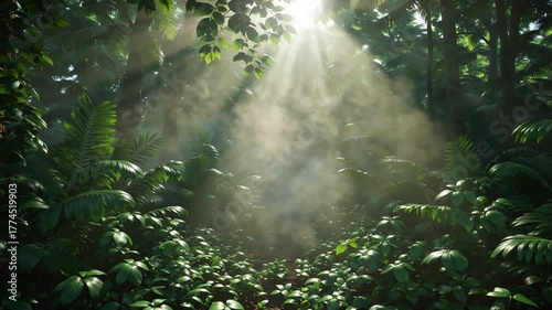 Beautiful Sunlight Shines Through Lush Forest Foliage in a Tranquil Tropical Setting