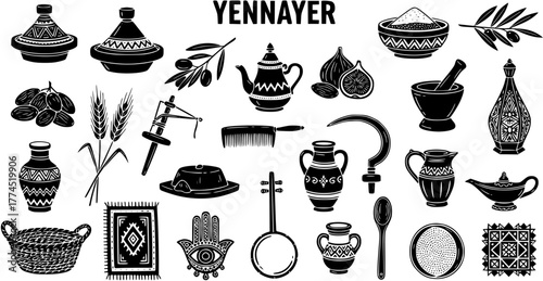 Yennayer Amazigh New Year Traditions: Collection of North African Cultural Symbols, Food Items, Utensils, and Harvest Elements