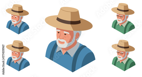 Elderly man in straw hat isometric set with multiple expressions on white bac…