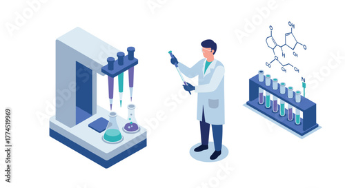 Isometric laboratory scene with scientist and chemistry equipment