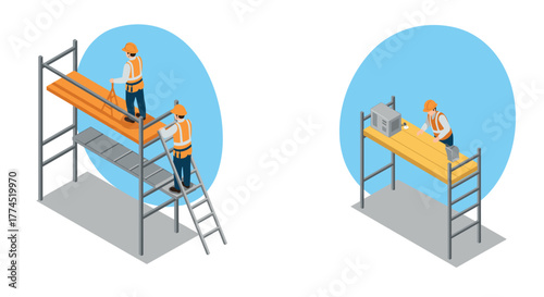 Construction workers on scaffolding platforms in isometric style for building…