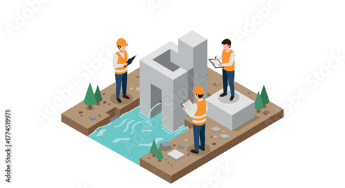 Engineers analyzing a construction site in isometric 3d design with water flo…