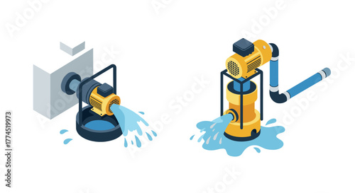 Isometric water pump set with flowing pipes in blue and yellow
