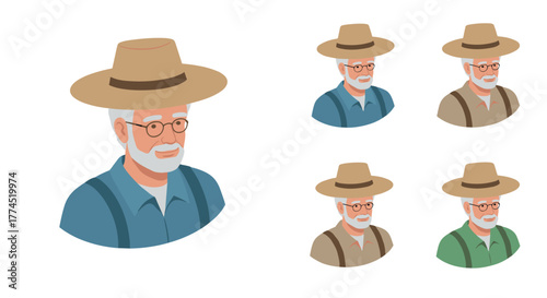 Elderly farmer characters with hats: diverse clothing variations in cartoon s…