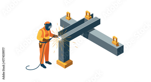 Isometric welder working on metal beam with sparks in industrial setting