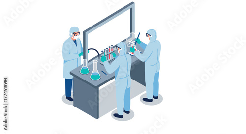 Scientists conducting experiments in modern isometric laboratory setting