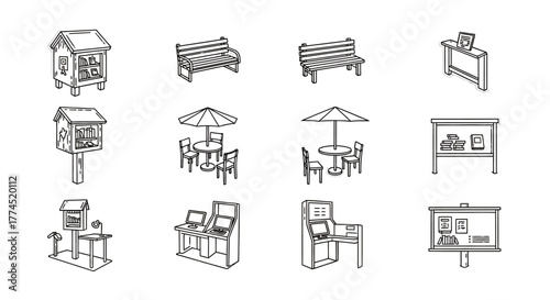 Urban amenities illustration public spaces with benches free libraries info boards and outdoor seating ideal for city planning and community guides.