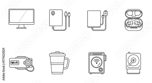 home electronics set featuring modern gadgets and devices including monitor smart speakers perfect for illustrating digital lifestyle trends