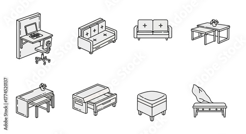 Furniture arrangement plan featuring sofa desk and ottoman showcasing interior design solutions for home decor and space optimization perfect for architects