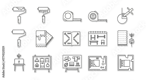 interior design icons showcasing home improvement plans tools and furniture ideal for diy bloggers and architecture websites