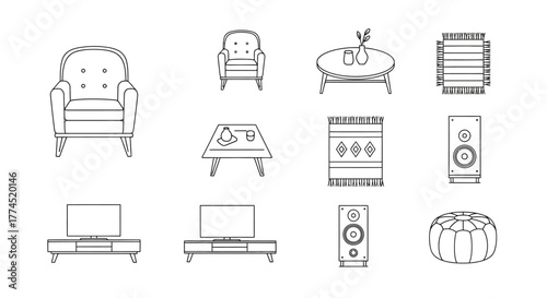 living room furniture depicting two armchairs tables and rugs creating a modern and comfortable interior design ideal for home decor inspiration.