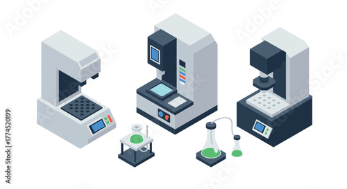 Modern isometric laboratory equipment set featuring advanced testing machines…