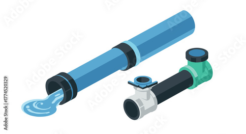 Isometric plumbing pipes with water flow and valve