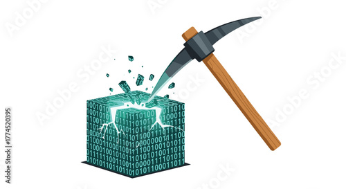 Pickaxe Breaking Digital Cube Representing Cryptocurrency Mining, Generative AI.