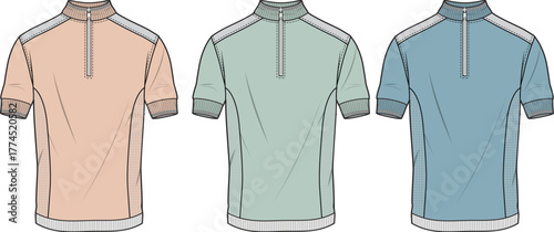 Set of men's quarter-zip polo shirts in pastel colors, a versatile activewear design shown as a technical fashion flat sketch for apparel