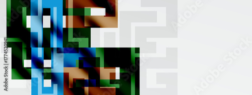 Abstract geometric shapes, vibrant colors blend. Blues, greens, browns create complex pattern. White space balances composition.