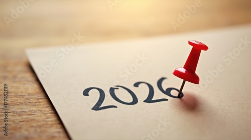 Escritorio de madera con una hoja de papel y una chincheta roja que marca el año 2026, representando nuevos comienzos y metas futuras