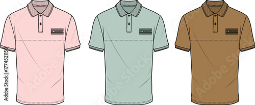 Vector illustration of three casual men's polo shirts in different colors, featuring short sleeves and classic collars, perfect for apparel design concepts and fashion mock-ups