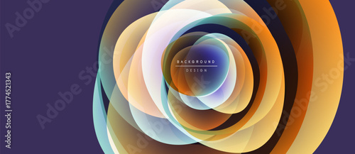Abstract circular layers create dynamic visual effect. Colors blend, forming modern background design. Soft gradients enhance depth.