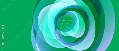 Abstract layers create circular design. Vibrant green background complements blue, turquoise hues. Modern aesthetic, clean presentation.