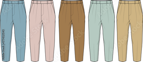 Fashionable collection of women's tapered trousers in various pastel and earthy colors, vector illustration for clothing design and e-commerce catalogs