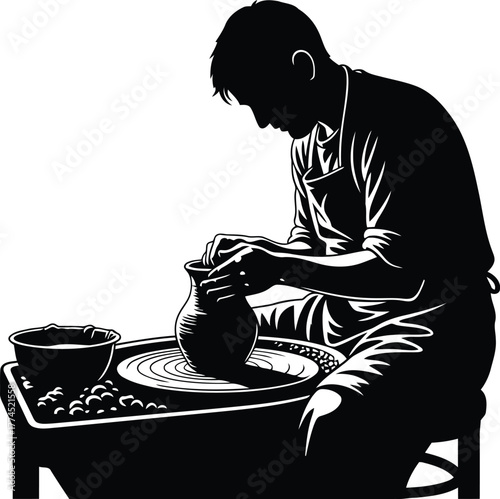 Silhouette of a skilled artisan shaping clay on a pottery wheel creating unique handcrafted ceramic art vector