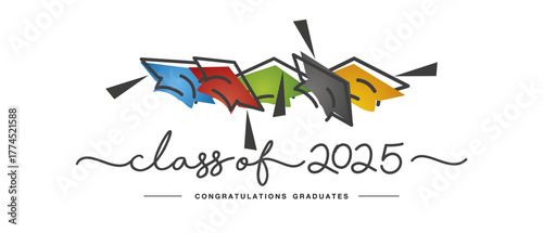 Class of 2025 congratulations graduates handwritten text. Hand drawn design with colorful flying academic caps. Colorful and black line design for high school college event invitation or party