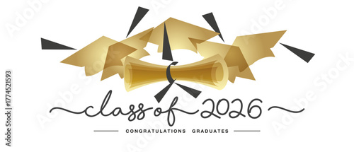 Class of 2026 congratulations graduates handwritten text. Hand drawn design with transparent flying academic caps and diploma. Gold black design for high school college event invitation or party