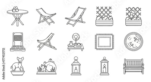 outdoor living icons depicting patio furniture planters and decor illustrating a cozy backyard design concept for relaxation and stylish lifestyle.